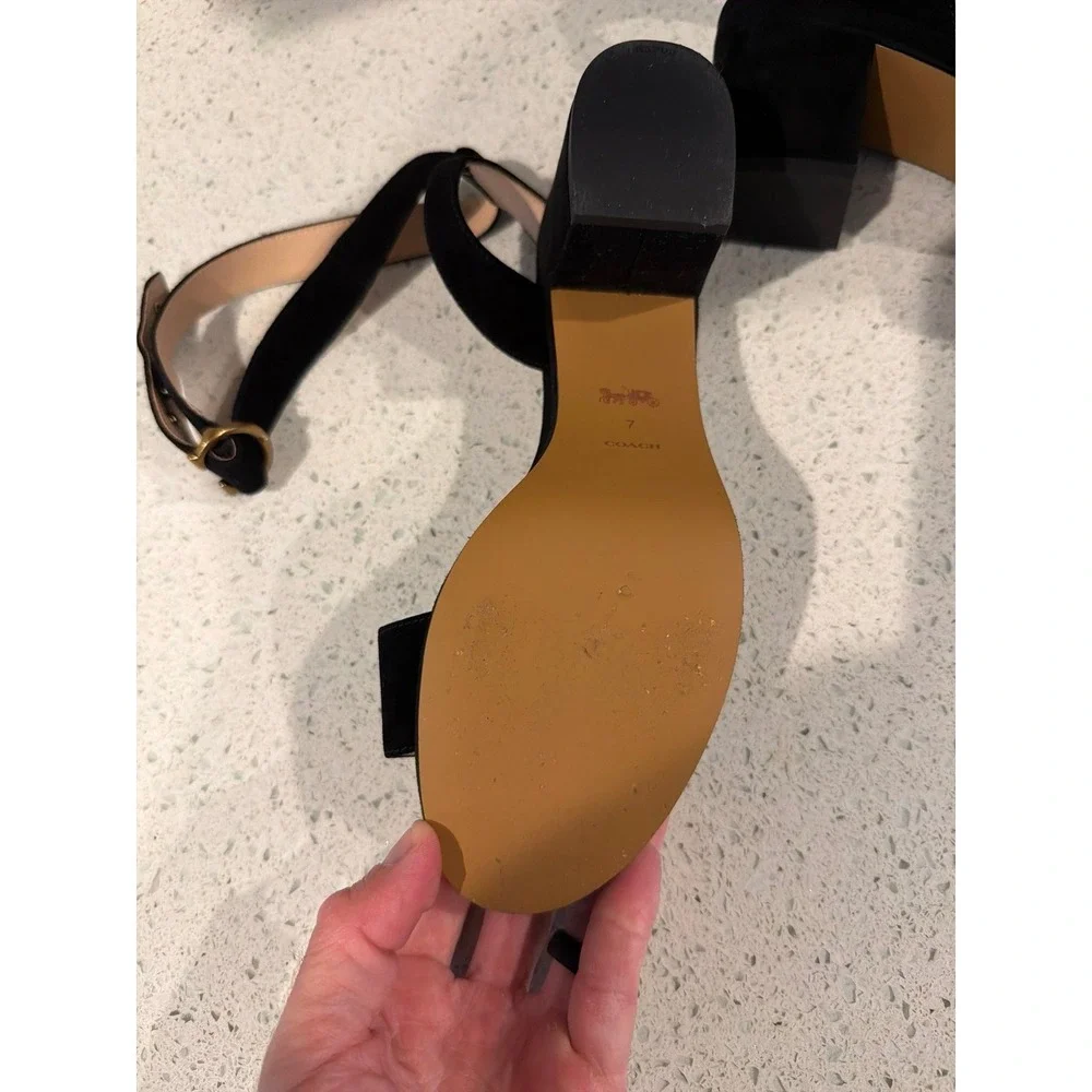 Coach Black Leather Ankle Strap Sandals Women's Block Heel
